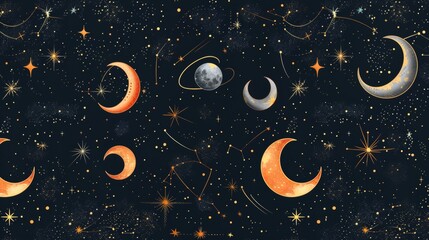 Fototapeta premium Pattern of celestial bodies like stars and moons.