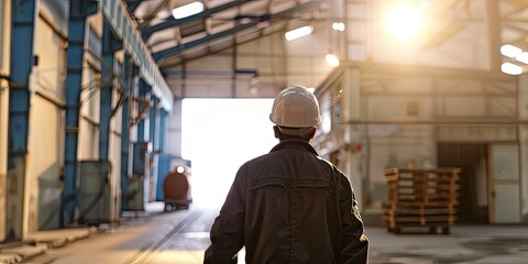 Worker in a helmet and work clothes walking in a large, sunlit industrial warehouse. The image captures the back view of the worker
