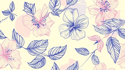 Pastel-colored hand-drawn floral and leaf seamless pattern design