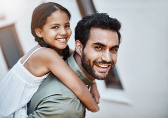 Obraz premium Portrait, happy father and piggyback kid for family bonding, care and connection at home together. Face, girl and dad carry child at backyard for playing, support and funny parent laughing outdoor