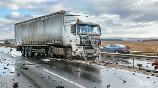 A truck has crashed into a car on a road