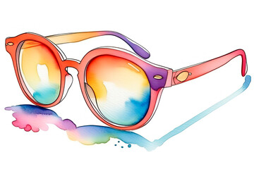 Hand drawn watercolor colorful rainbow sunglasses on white background. Bright splashes and spots of multi-colored paint to create picturesque design with joyful summer mood