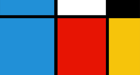 Geometric abstract art with blue, red, yellow, and white color blocks.