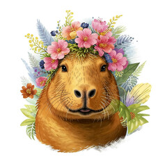 a capybara, a water pig with flowers on its head, a beautiful animal, a mammal. illustration. artificial intelligence generator, AI, neural network image. background for the design.