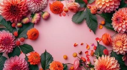 Fototapeta premium Vibrant Orange and Pink Flowers Arranged Around a Pink Background