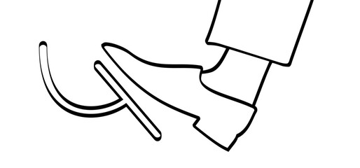 Gas pedal or Brake pedal. Break with foot icon. Cartoon Foot push clutch. Manual transmission car, foot pressing the brake and clutch pedal. Foot steps or footprint sign.