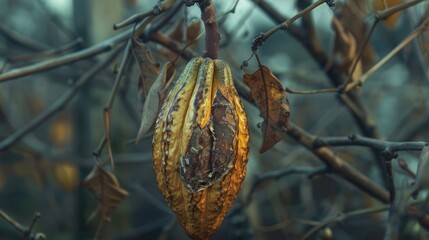 Fototapeta premium Close up view of diseased cacao pod on blurred farm background
