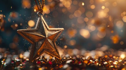 Glittering Golden Star Ornament with Festive Bokeh Lights