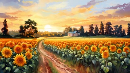 Fototapeta premium Glade with sunflowers painted with oil paints. Picture for postcards and design. Beautiful landscape of Ukrainian fields
