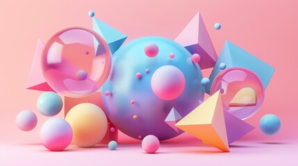 3D rendering of colorful geometric shapes. Pink, blue, and yellow spheres and pyramids float in a pink space.