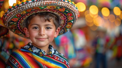 Fototapeta premium Vivid photo of a Mexican little boy in traditional attire, wearing a colorful sombrero