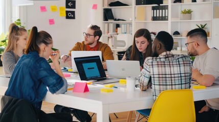A group of young professionals are working together in a creative office space. They are using a computer, sticky notes, and a whiteboard to brainstorm ideas. The team is excited about the project and