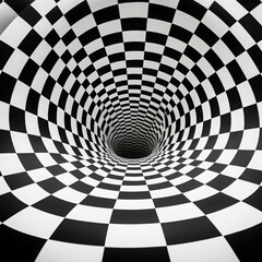 Image of a black and white checkered vortex creating a dizzying optical illusion with a tunnel-like effect