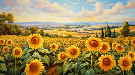 Obraz premium Glade with sunflowers painted with oil paints. Picture for postcards and design. Beautiful landscape of Ukrainian fields