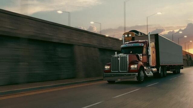American style truck and train on freeway pulling load. Transportation theme. 4k 3D illustration