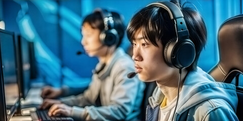 A Japanese teenager plays a computer game. Gaming technologies.