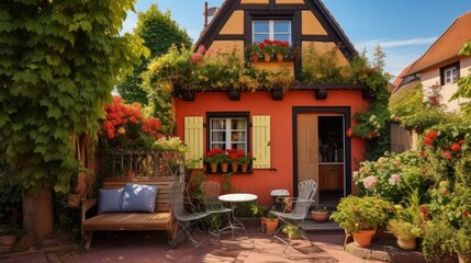 Tiny wooden house with a terrace. Life in the country in Germany in summer. Vacation in the country.