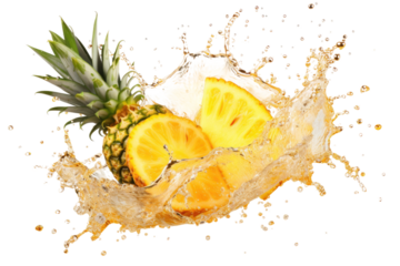 Citrus Symphony: A Pineapple and Orange Duet in Aquatic Dance on a Clear PNG or White Background.