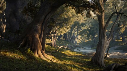 Beautiful forest. The woodland scene features towering trees with rich foliage and a lush carpet of fallen leaves