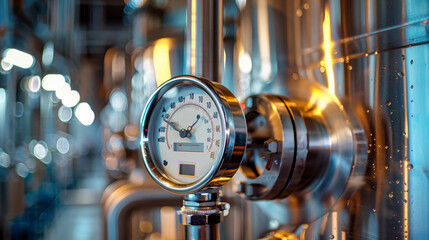 A temperature sensor, attached to a large metal tank, reads the temperature inside. The tank is illuminated by warm, ambient light