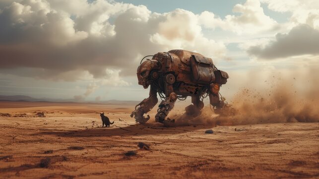 A giant robot dog travels with a small cat in the desert