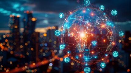Fototapeta premium Polygonal globe hologram with glowing digital icons, set against a blurred cityscape, hyper-realistic details, futuristic design, urban tech theme, bright and dynamic