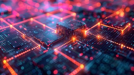 Obraz premium Futuristic Blocks Connected By Glowing Lines of Blue And Orange Neon Colors. Blockchain Technology