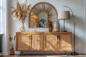 Modern Living Room Interior Design With Wooden Cabinet, Rattan Mirror, and Floor Lamp