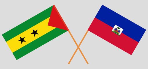 Crossed flags of Sao Tome and Principe and Haiti. Official colors. Correct proportion