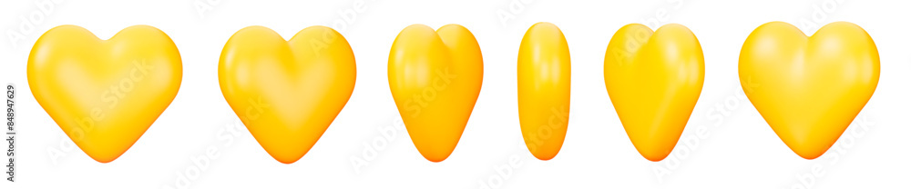 Wall mural 3d set of yellow heart with different angles. romantic emoji, love symbol or icon, valentines day, a