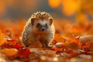 Baby Hedgehog: A tiny baby hedgehog with soft quills, curled up into a ball on a bed of fallen leaves. 