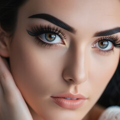 Fototapeta premium Portrait of a woman face, showcasing her eyes, nose. Her makeup is natural and subtle, highlighting her features. Beautiful large eyes with long black eyelashes, clearly defined black eyebrows. AI