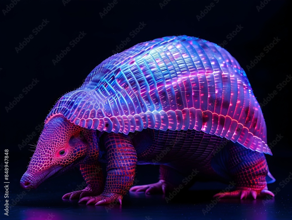 Poster neon illuminated armadillo with radiating shell on isolated black background