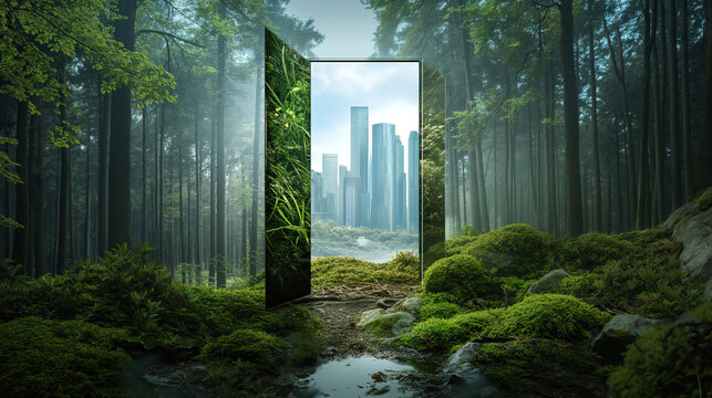 door in the middle of the forest open and on the other side there is a futuristic modern city