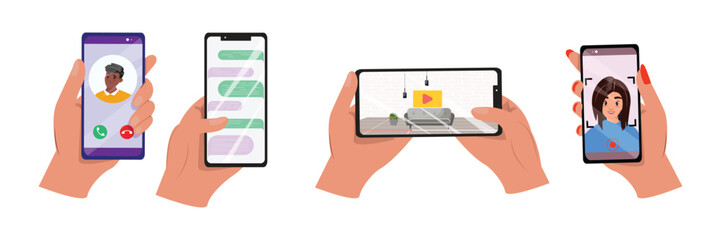 Hands, both male and female, holding and using smartphones for various activities such as phone calls, chatting, video watching, and taking selfies