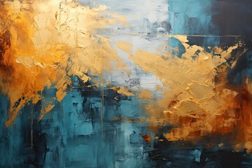 Abstract gold blue teal painted background.