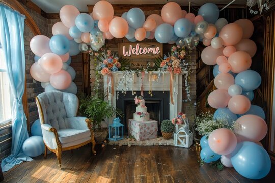 Pink And Blue Balloon Arch Decorates A Rustic Baby Shower