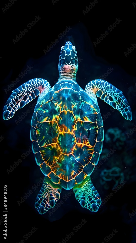 Poster luminous neon turtle with radiating vibrant shell on isolated black background