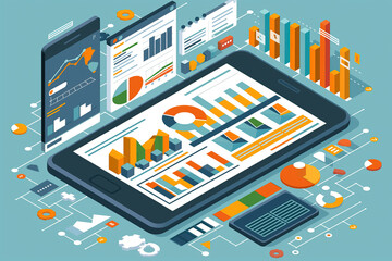 Analyzes data. Analysis concept, flat design. Process research financial growth, statistics, data analysis, document, market, strategic, report. Development Planning. Vector