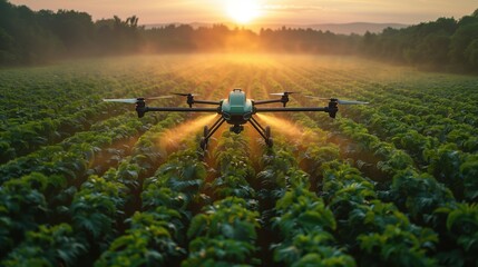 Fototapeta premium Drone Spraying Crops in Sunrise Field. Drone sprays crops in a field at sunrise, illustrating the integration of advanced technology in modern agricultural practices.