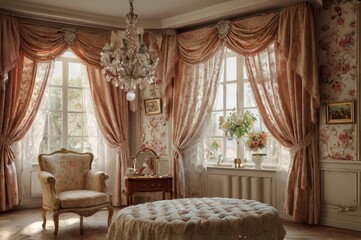 A luxurious vintage bedroom with ornate furniture, floral wallpaper, and elegant drapery. The room features a large bed with a tufted headboard, a chandelier, and a dresser with a mirror.