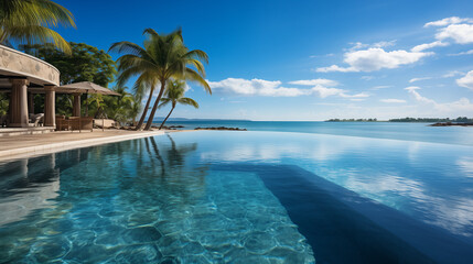 Fototapeta premium Experience outdoor luxury at a beachfront hotel with an infinity pool, surrounded by a tropical landscape. Enjoy a tranquil beach holiday with stunning island views and palm trees.