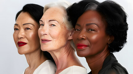 Old women of different races standing close to each other, showcasing the skin of their faces. The beauty and care of mature skin on a white background, celebrating diversity aging gracefully
