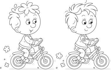 Funny little boys friendly smiling, talking and riding small toy bicycles on a summer day, black and white vector illustration for a coloring book