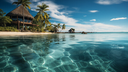 Experience outdoor luxury at a beachfront hotel with an infinity pool, surrounded by a tropical landscape. Enjoy a tranquil beach holiday with stunning island views and palm trees.