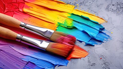 Obraz premium Vibrant Rainbow Colors with Paintbrushes on Textured Surface Creative Art Background.