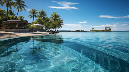 Experience outdoor luxury at a beachfront hotel with an infinity pool, surrounded by a tropical landscape. Enjoy a tranquil beach holiday with stunning island views and palm trees.