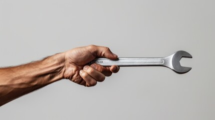 Minimalist close-up of a mechanic's hand holding a wrench against a plain background 