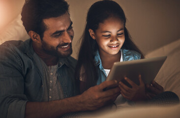 Home, night and father with girl, tablet and typing with connection, streaming movie and online reading. Evening, house and family with dad, daughter and kid with tech, digital app for game and relax