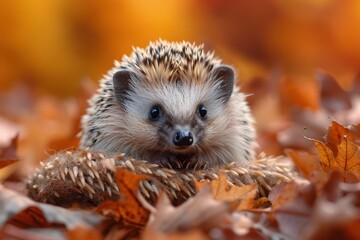 Fototapeta premium Baby Hedgehog: A tiny baby hedgehog with soft quills, curled up into a ball on a bed of fallen leaves. 